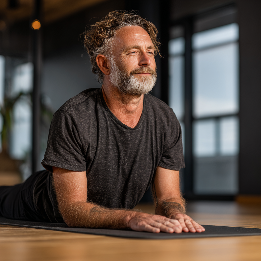A mature man around 50 years old in a relaxed yoga stretch pose on a mat, wearing a simple t-shirt, focused expression, well-lit modern yoga studio with wooden floors and large windows
